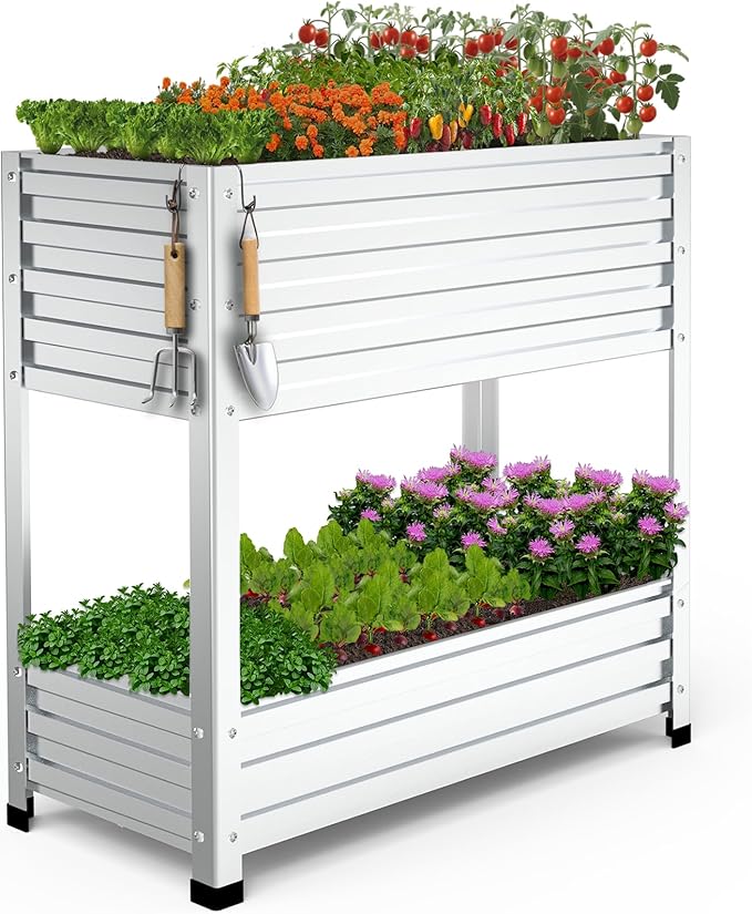 2-Tier Galvanized Raised Garden Bed with Legs, 36"x16"x36" Metal Elevated Planter Box (12" Top/8" Bottom Depth), 500LB Capacity for Vegetables, Herbs, Leafy Greens, Flowers on Patio Yard