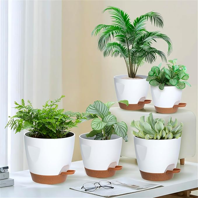 5-Pack Plant Pots with Drainage for Winter Care 7/6.5/6/5.5/5 Inch, Self Watering Pots for Indoor Plants, Planters for Indoor Outdoor Plants, Plastic Flower Pot, Planter for Indoor Outdoor (White)