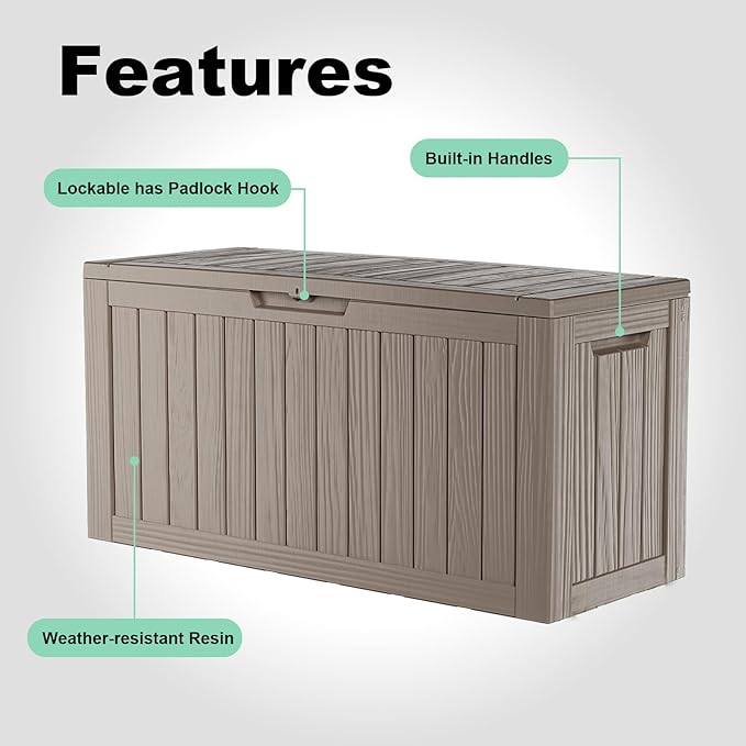 ROJIK Outdoor Storage Housing Deck Box - Waterproof Patio Furniture, Garden Tools, Cushions, Pool Accessories Storage Bench with Lockable Lid and Side Handles (Grey 88 Gal)