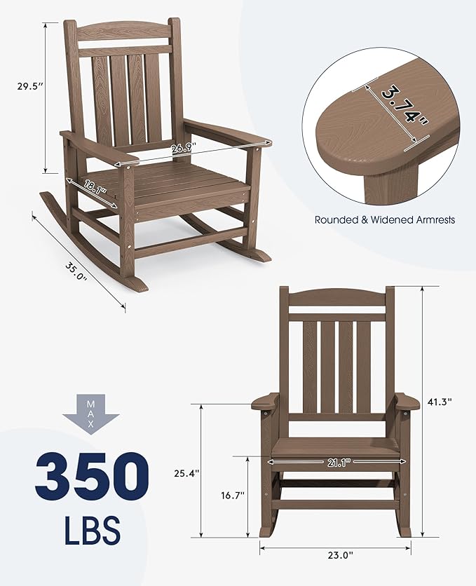 KINGYES HDPE Outdoor Rocking Chair Set of 4, Widened Seat Patio Rocking Chair, Oversized All Weather Patio Rocker, Brown