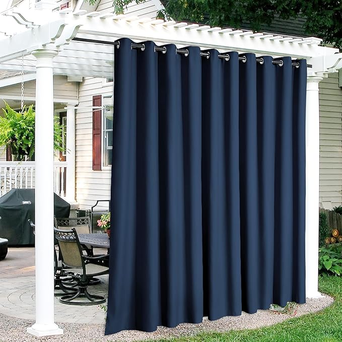 RYB HOME Extra Wide Outdoor Curtains for Patio Waterproof Heavy Duty Thermal Insulated in Summer Full Coverage Privacy for Porch, Cabana & Pool, W150" x L84", Navy Blue, 1 Panel