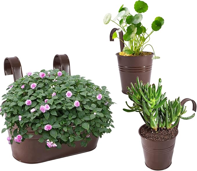 HowRU Metal Iron Flower Pots for Railing Fence Hanging Bucket Pots(5 Pcs) and Hanging Flower Pots Metal Iron Bucket Planter(10 Pcs) (Bronze)