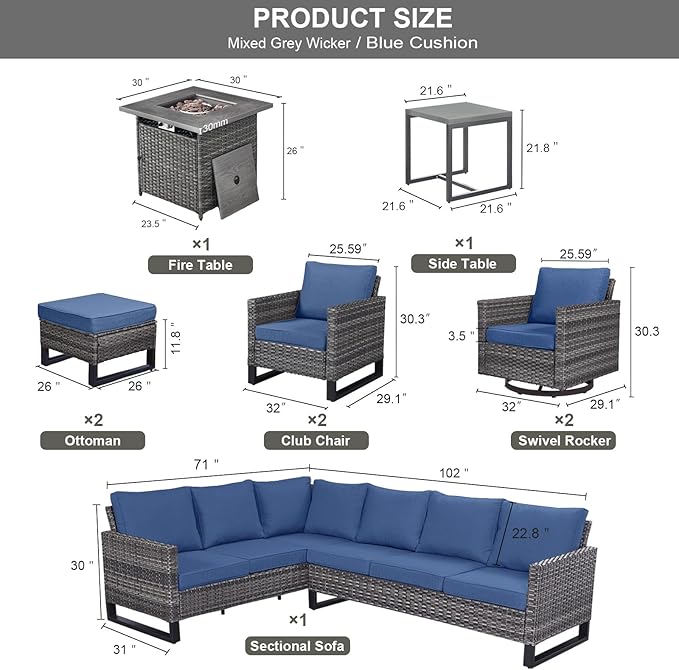 Patio Sectional Furniture Set with Fire Pit Table: 10 Pieces Wicker Patio Conversation Set with L Shaped Sofa, Outdoor Swivel Glider Rocker, Rattan Club Chairs, Ottomans, Removable Cushions Blue