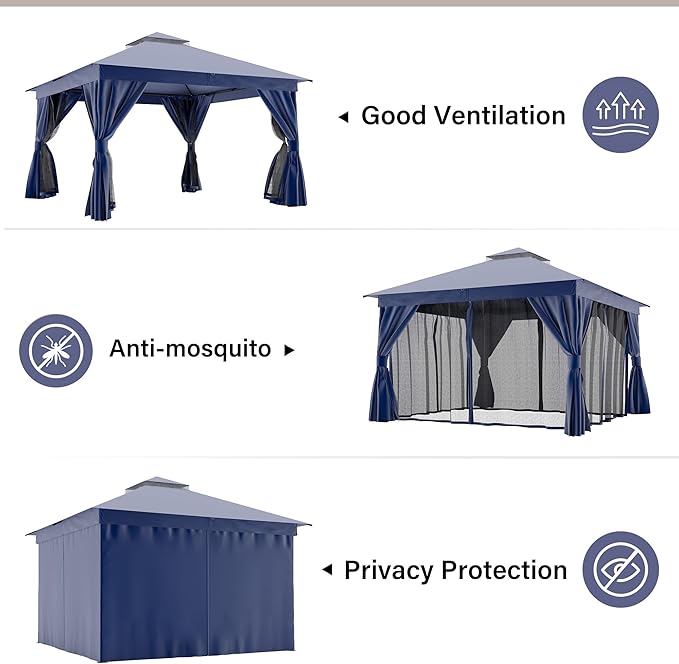 LAUSAINT HOME Semi-Permanent Outdoor Patio Gazebo 12'x12', Heavy Duty Party Tent Shelter with Double Roofs, Mosquito Nettings and Privacy Screens for Backyard, Garden, Lawn, Navy Blue