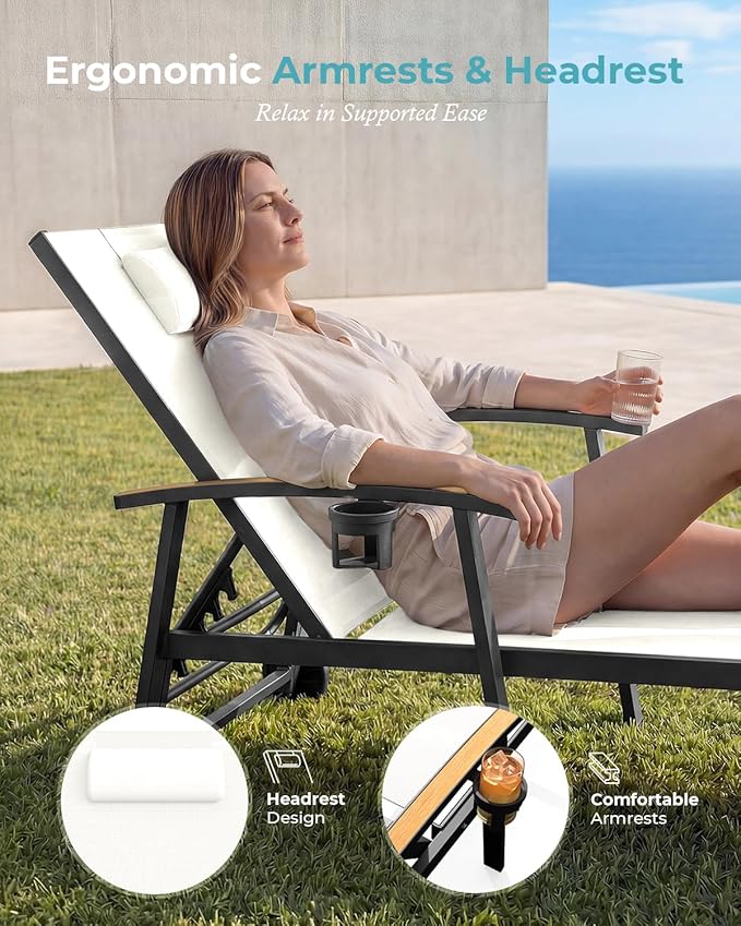 Ciokea Outdoor Lounge Chair with Pillow Set of 4, 5-Position Chaise Lounge with Wheels & Armrests, 400 lbs Heavy Duty Aluminum Pool Lounge Chairs, for Beach, Deck, Poolside & Backyard, White