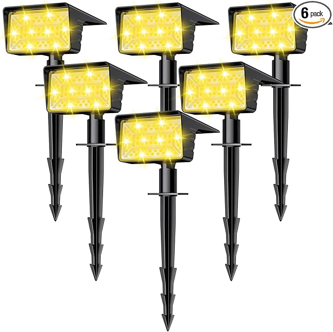 Solar Spot Lights Outdoor with 60 LED & Auto On/Off, 6 Pack Solar Lights Outdoor Waterproof IP68 with 3 Lighting Modes, 2-in-1 Solars Landscape Light for Outside, Garden, Yard(Warm White)