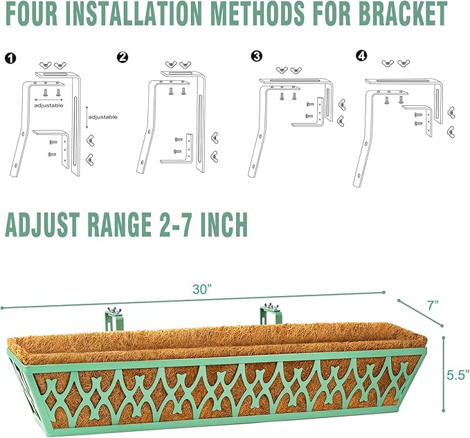 2 Pack 30 Inch Window Boxes Planters Railing Planter Box with Adjustable Brackets for Porch Fence Patio Balcony Hanging Flower Baskets with Coco Liners for Outdoor Garden Decor - Green