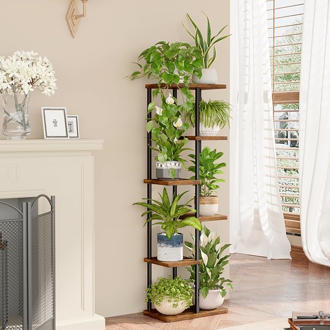 Bamworld Tall Plant Stand Indoor 6 Tier Plant Shelf for Multiple Plants, Tiered Flower Pot Stands for Patio Garden Balcony Living Room Bedroom, Brown