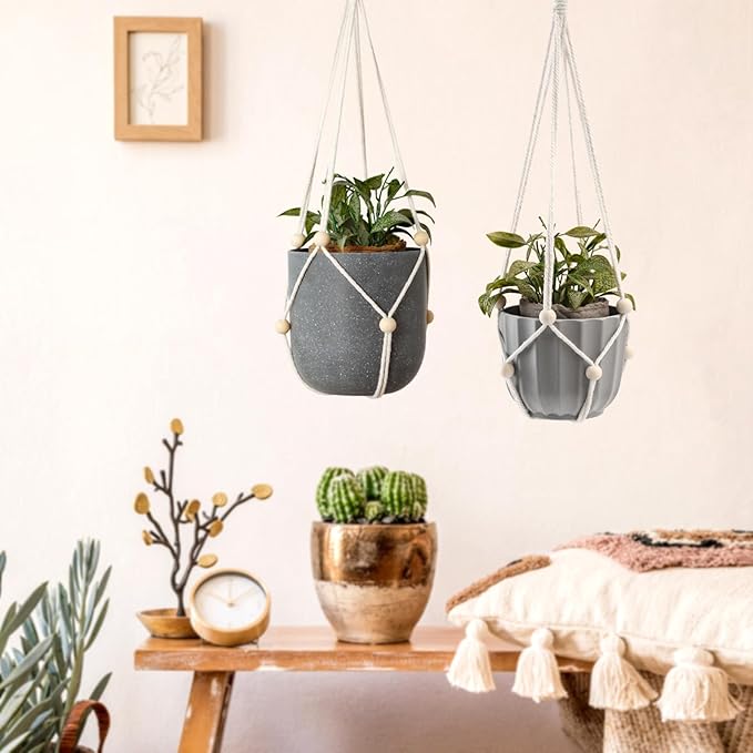 Artilady Hanging Planter for Indoor Plants Macrame Plant Hanger Large Hanging Plant Holder with Adjustable Beads Plants Basket White Rope Boho Plant Wall Decor (White Bead-2pcs)