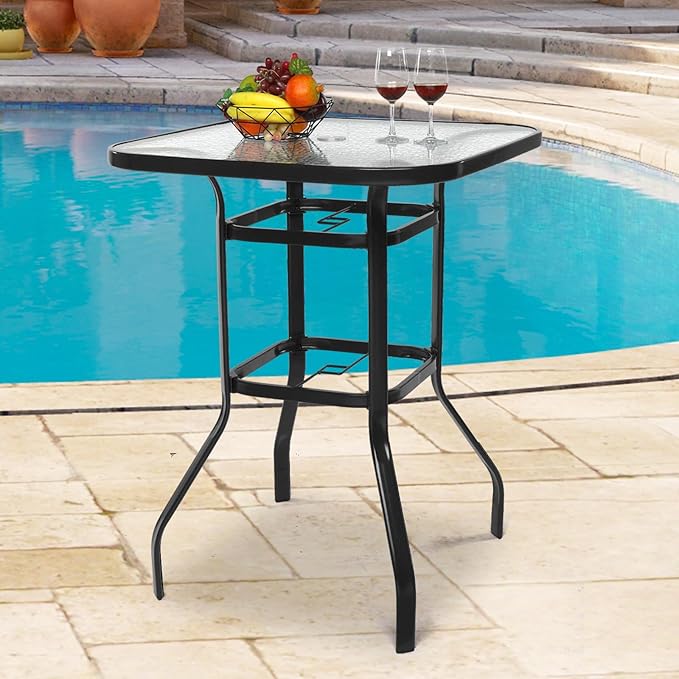 VINGLI Outdoor Bar Table with Umbrella Hole, Modern Black Metal Patio Bar Table, High Top Table for Outdoor Relaxation and Home Entertaining (Black, 31.5'x31.5'x40.3')