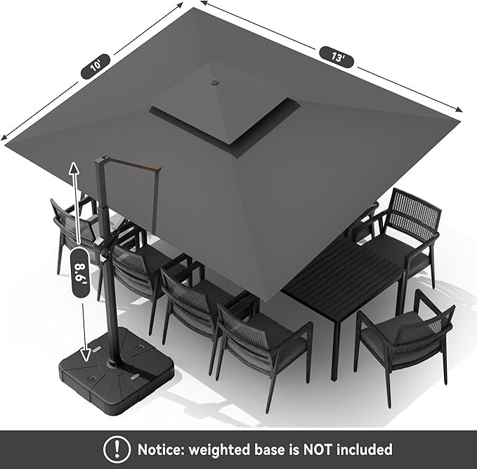 10 X 13 FT Cantilever Outdoor Patio Umbrella with Base Included Large Heavy Duty 360° Rotation Double Top Offset Rectangular Umbrellas with Led Lights for Backyard Outside Deck,Grey