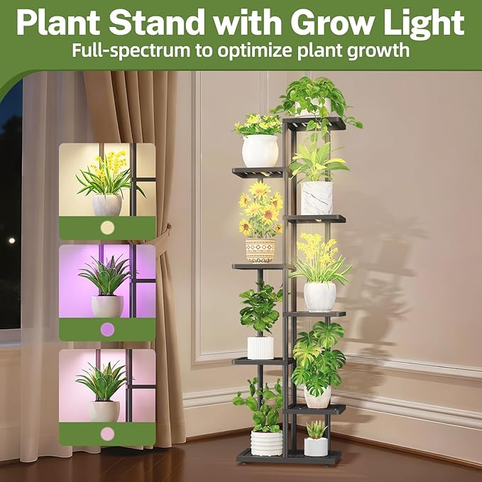 iDavosic.ly Plant Stand Indoor with Grow Light, 7-Tier Tall Metal Flower Shelf for Heavy-Duty Large Planters, Corner Orchid Display Rack for Living Room Balcony Patio Porch, Modern Black