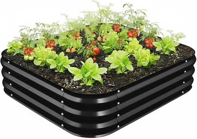 Galvanized Raised Garden Bed for Gardening, 4x4x1ft Large Square Metal Planter Boxes Outdoor for Vegetable,Flower,Herb,Modular Above Ground Growing Container,Black, Easy Assembly