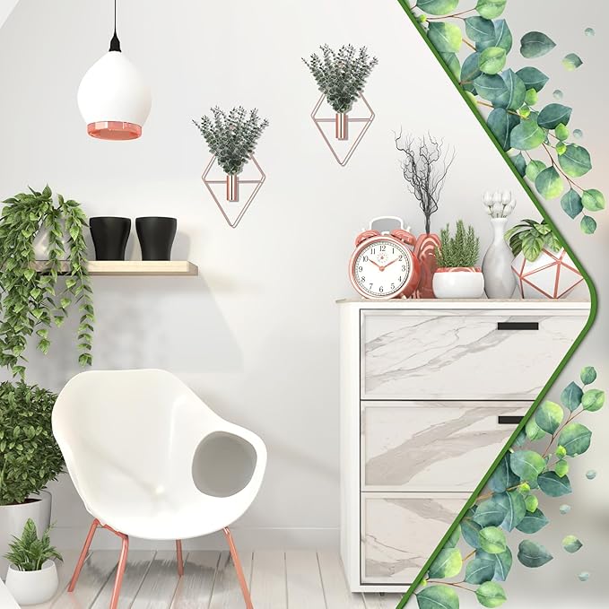 Jexine 8 Pcs Hanging Planters with Artificial Eucalyptus Metal Hanging Vase Indoor Plants Holder Modern Geometric Boho Bathroom Wall Decor for Living Room Home Office (Eucalyptus,Rose Gold)