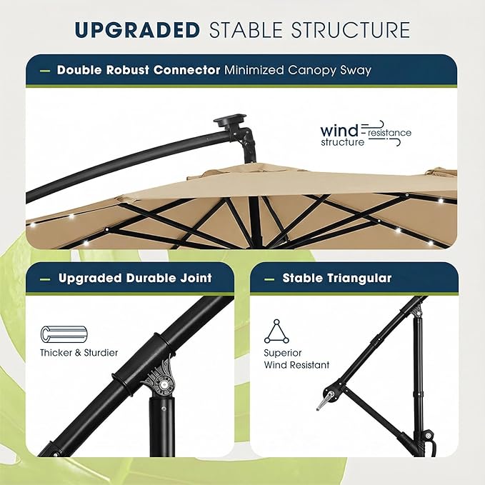 wikiwiki 10ft Solar LED Patio Umbrella with Base Included, Offset Umbrella with Weighted Sandbag Base, Cantilever Patio Umbrellas for Backyard, Garden & Deck, 32 LED Lights & Polyester Shade, Tan