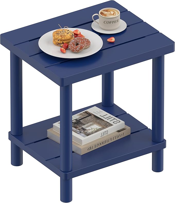 Outdoor Side Table, 2-Tier Small Outdoor Table for Patio, Adirondack Side Tables for Outside or Indoor, Bamboo End Table for Pool, Porch, Weather Resistant Easy Maintenance-Dark Blue