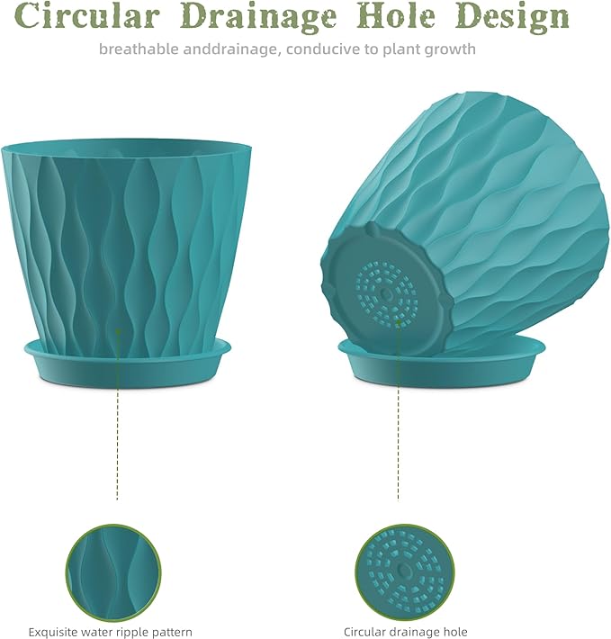 6 Inch Plant Pots, 6 Pack Indoor Flower Pots, Planters with Drainage Holes and Trays for Orchids, Violets, Succulents, Herbs, and Other Plants,Blue-Green