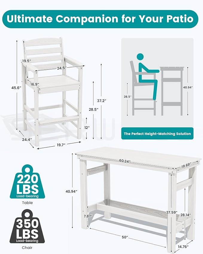 SERWALL Outdoor Bar Set - 4 Adirondack Bar Chairs & Bar Height Table with 1.6" Umbrella Hole, All-Weather HDPE Patio Furniture for Poolside, Backyard, Garden - White
