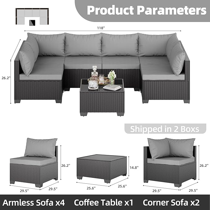 Skyfish 7 Pieces Patio Furniture Sofa - Outdoor Sectional Wicker Rattan Furniture with Cushion and Glass Table Patio Conversation Sets for Porch Poolside Backyard Outdoor Sofa Set Modular Sofa