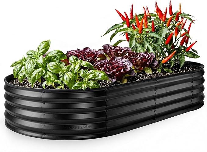 Plant & Plot Galvanized Raised Garden Beds Outdoor // 6×3×1 ft Planter Raised Beds for Gardening, Vegetables, Flowers // Large Metal Garden Box // Patented Tool-Free Design (Black)