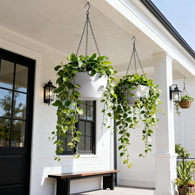 13 Inch 2 Pack Large Self Watering Hanging Planters for Indoor Outdoor Plants, Hanging Plant Pots with Removable 50 Oz Reservoir, Plastic Hanging Basket for Window Porch Garden, White