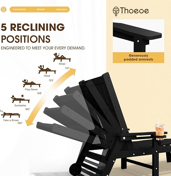 Patio Chaise Lounge Chair Set of 4, Oversized Lounge Chair Outdoor with 5 Positions, HDPE, Patio Lounge Chair with Wheels & Cup Holder for Pool, Deck, Poolside,Black