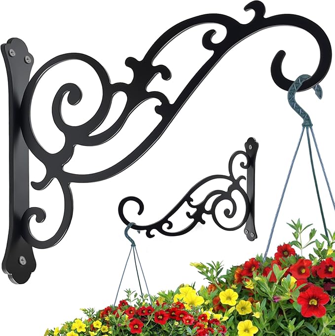 Hanging Planter Hooks 6-Inch 2 Pcs,Outdoor Hanging Brackets Wall Hook Heavy Duty Brackets,Black Iron Planters Hook Indoor/Outdoor Planter Hanger Brackets