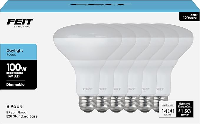 Feit Electric BR30 LED Light Bulbs, 100W Equivalent, Dimmable, E26 Standard Base, 80 CRI, 1400 Lumens, 5000K Daylight, 120V, 10 Years Lifetime, Damp Rated, 6 Pack, 100BR30DM85010KLED/6