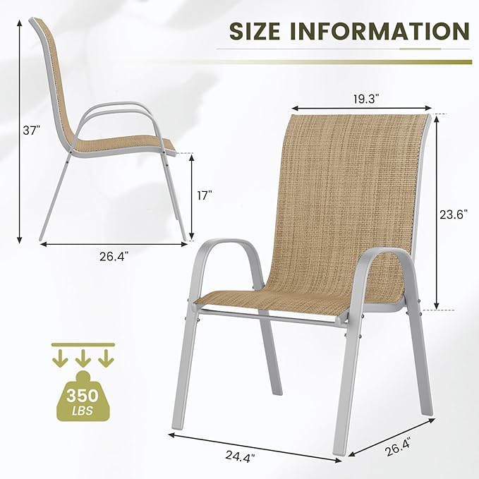 UDPATIO Patio Chairs Set of 2, Stackable Silver Outdoor Dining Chairs with High Back, Breathable Textilene Fabric Outdoor Chair All Weather, 350LBS Capacity for Garden, Backyard (Beige)