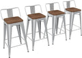 Yongchuang 26" Metal Barstools Set of 4 Low Back Bar Stool Counter Height Bar Stools with Wooden Top Silver