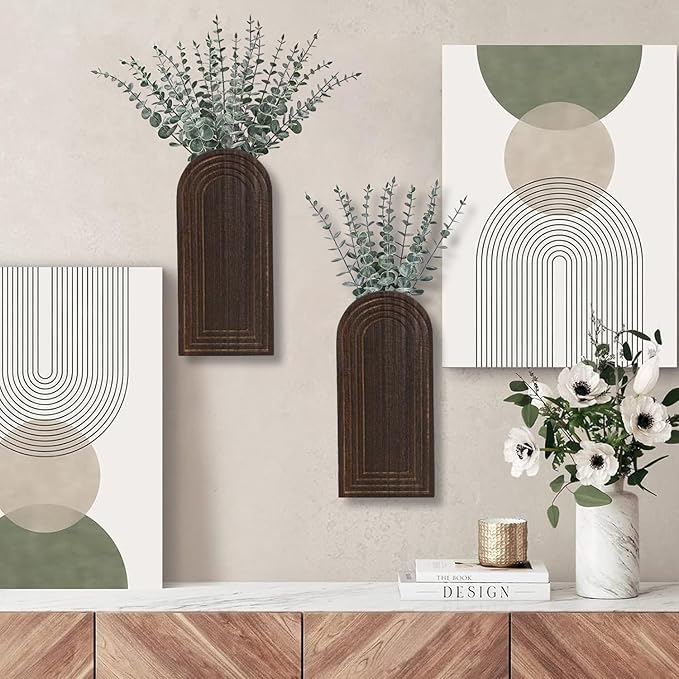 2 Pack Wooden Wall Vase Set - Dark Brown Finish Modern Farmhouse & Boho Wall Decor for Entryway, Hallway, Bathroom, Living Room, Dining Room, Narrow Spaces