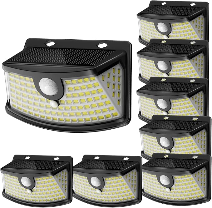 Aootek New Solar Motion Sensor Lights 120 LEDs with Lights Reflector,270° Wide Angle, IP65 Waterproof, Step Lights for Front Door, Yard, Garage, Deck (Black, Daylight White, 8-Pack)