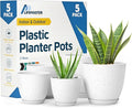 White Gray Plant Pots with Drainage Holes & Saucers 5 Pack, Indoor & Outdoor Stackable Space-Saving Planters for Houseplants & Flowers, (7", 6.7", 6", 5.3", and 4.8" Inches), Durable & Weatherproof