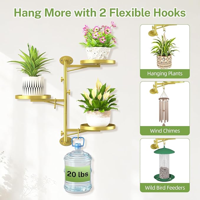 iDavosic.ly Rotating Window Plant Shelves, 3-Tier Metal Wall Stand with 2 Hooks, Flower Display Holder Rack for Living Room, Space Saving, Gold (Pots/Chains/Plants Not Included)