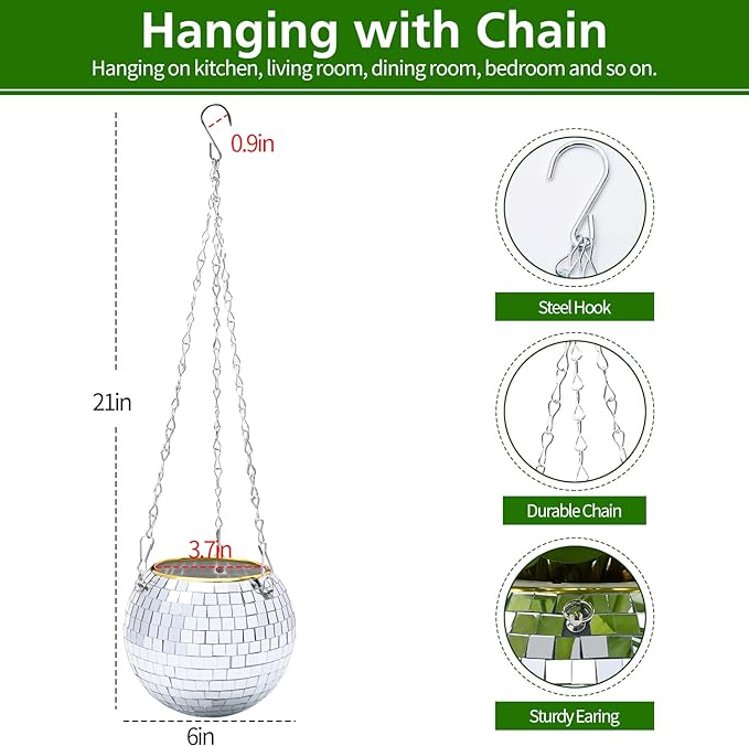 6" Disco Ball Planter, Disco Ball Plant Hanger with Hanging Rope, Hanging Chain, Hook, Circle and Extra Mirror Pieces