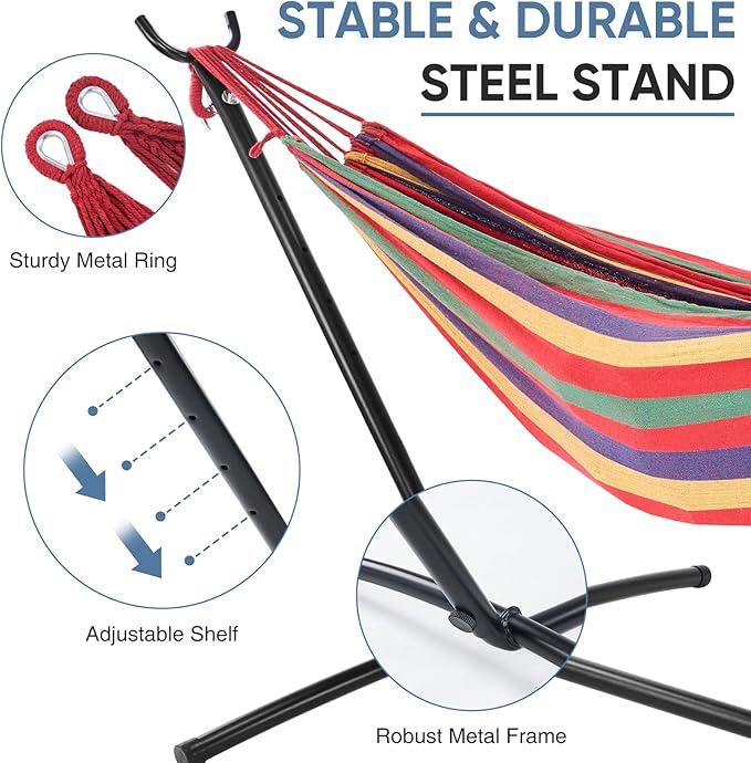 DUMOS Double Hammock with Space Saving Stand, Heavy Duty Steel Frame, Portable for Outside & Indoor Use, 450lbs Capacity, Easy Assembly, Carrying Bag Included, Red