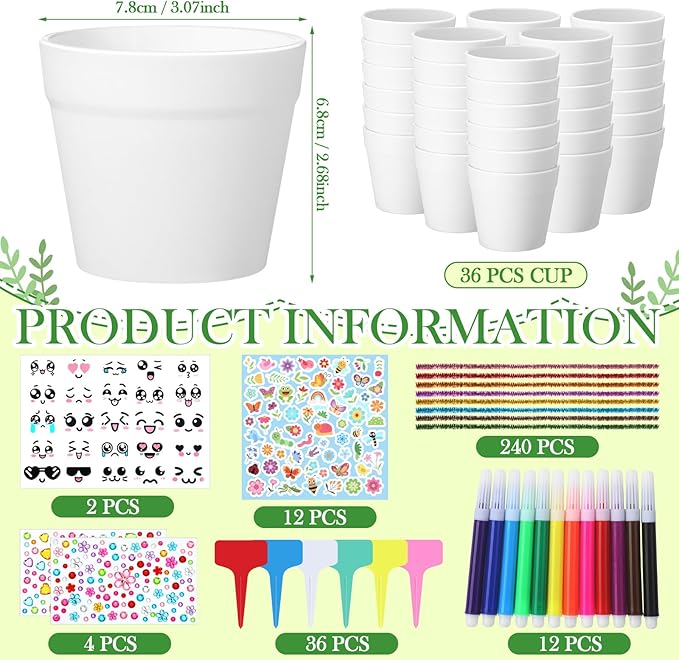 Funnymoom 36 Pcs Garden Plastic Paintable Flower Pot Craft Kit DIY Painting Flower Pots with Watercolor Stickers Pipe Cleaners Growing Kits for Home Spring Summer Mother's Day Fun Activity (Cute)