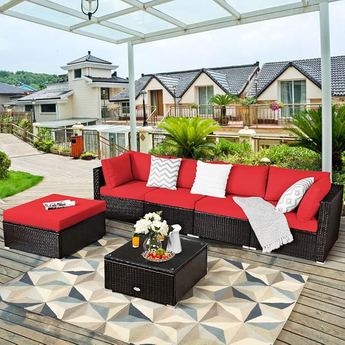 Tangkula 6 Piece Patio Furniture Set, Outdoor Deck Lawn Backyard Sectional Sofa with Coffee Table, Durable Steel Frame PE Rattan Wicker Conversation Set (Red)