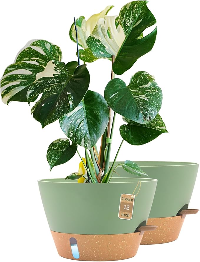 12-Inch Self Watering Planters with Drainage Holes, Large Flower Pots for Indoor Outdoor Plants, Garden Pots Green 2 Pack