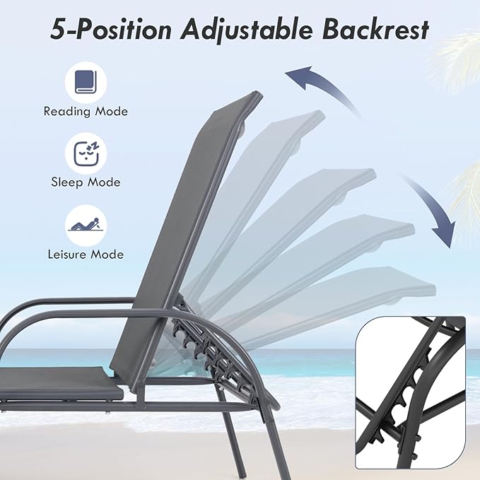 Giantex Patio Lounge Chair, Outdoor Chaise Lounge with 5 Adjustable Backrest, Sturdy Steel Frame, Sunbathing Recliner, Tanning Chair for Beach, Outside, Yard, Balcony, Pool Chairs (1,Dark Gray)