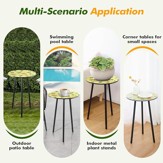 Metal Outdoor Side Tables Set of Two Small Outside Round End Table for Patio Modern Accent Garden Corner Table for Small Spaces, Balcony, Porch, Weather-Resistant Plant Stand Indoor, Yellow