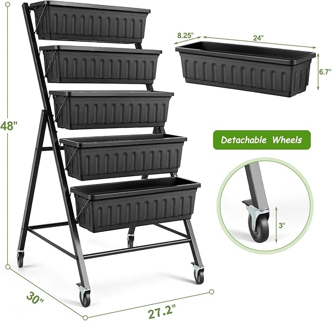 SEJOV 4FT Vertical Raised Garden Bed, 5-Tier Vertical Garden Planter with Drainage System, Larger Elevated Planter Box for Herb Vegetables Flowers Indoor Outdoor Planters (Black with Lockable Wheels)