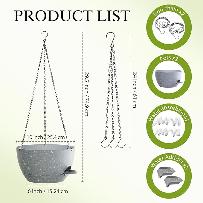 10 Inch Hanging Baskets 2 PC with Chains, Self-Watering Hanging Planters for Indoor Outdoor Plants, Plastic Hanging Flower Pots,Speckled Grey