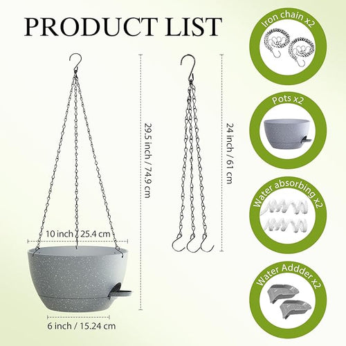10 Inch Hanging Baskets 2 PC with Chains, Self-Watering Hanging Planters for Indoor Outdoor Plants, Plastic Hanging Flower Pots,Speckled Grey