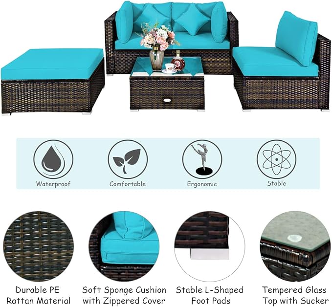 Tangkula 5 Pieces Patio Rattan Furniture Set, Outdoor Sectional Rattan Sofa Set with Back & Seat Cushions, Wicker Conversation Set with Tempered Glass Table for Backyard Porch Poolside (Turquoise)