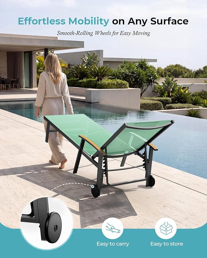 Ciokea Outdoor Lounge Chair with Pillow Set of 2, 5-Position Aluminum Chaise Lounge with Wheels & Armrests, 400 lbs Heavy Duty Patio Pool Chair for Backyard, Deck, Beach & Poolside, Light Green