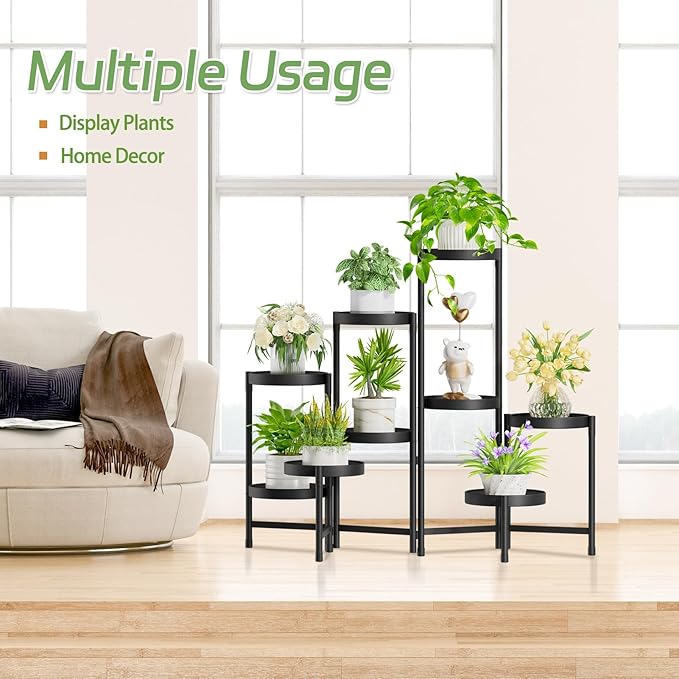iDavosic.ly Plant Stand Indoor Outdoor, 9 Tier Corner Metal Flower Display Holder Shelf, Easy Assembly Folding Tall Orchid Rack for Patio Balcony Porch Garden Living Room House, Black