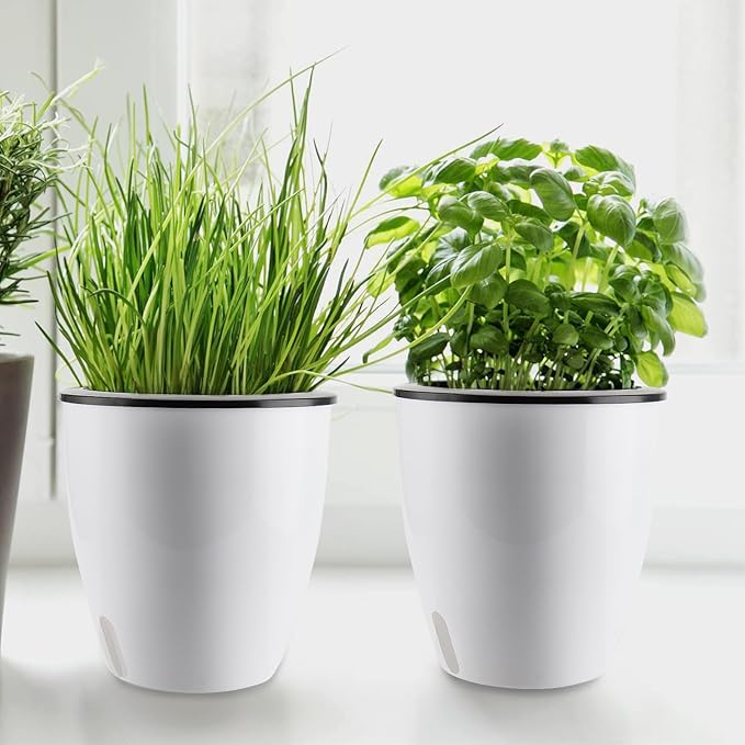 5 Pack 7 Inch Self Watering Plant Pots, White Plastic Self Watering Flower Pots with Visual Water Level Window, Self Watering Planter for Indoor Plants, Herb, African Violet, Succulent