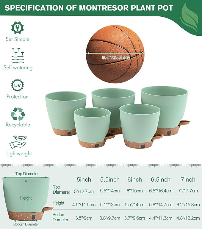 montresor 5 Pack Green 5/5.5/6/6.5/7 Inch Self Watering Planters for Outdoor, Plastic Plant Pots with Wick & Drainage, Small to Medium Indoor Pots for Snake Plant, Aloe