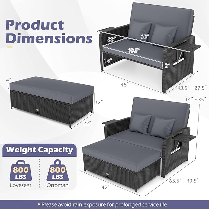 Tangkula Patio Rattan Daybed with 4-Level Adjustable Backrest, Outdoor PE Wicker Loveseat with Storage Ottoman & Folding Side Tray, Double Sunbed Lounger for Balcony, Backyard & Poolside (Grey)